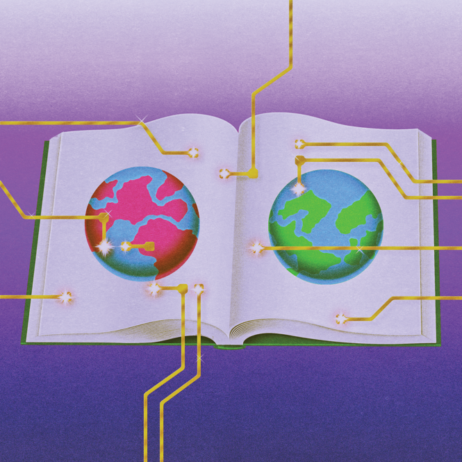 two planets on an open book with information lines 