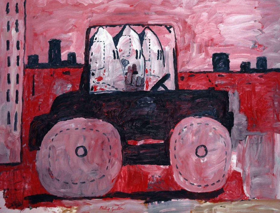 a pink white black and red painting of three people dressed in white sheets driving a car