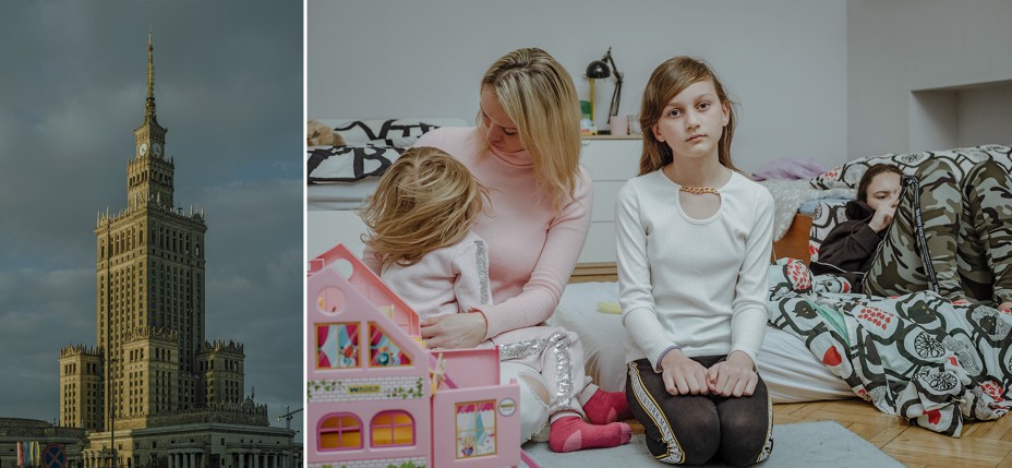 2 photos: a tall, ornate building; a woman on mattress on floor by a dollhouse with small girl in lap, girl sitting on knees, and teenage girl reading