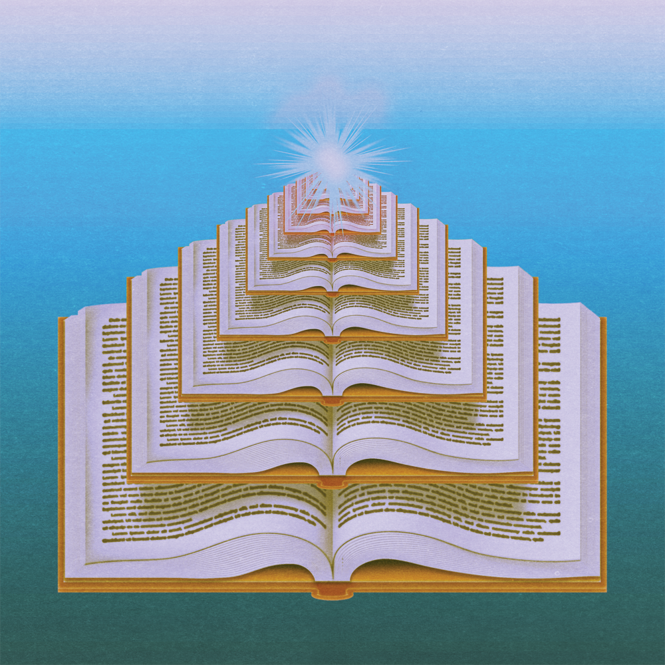 A recursive image of books turning into a flash of light 