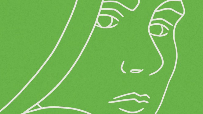 line drawing of a woman's face against a green background
