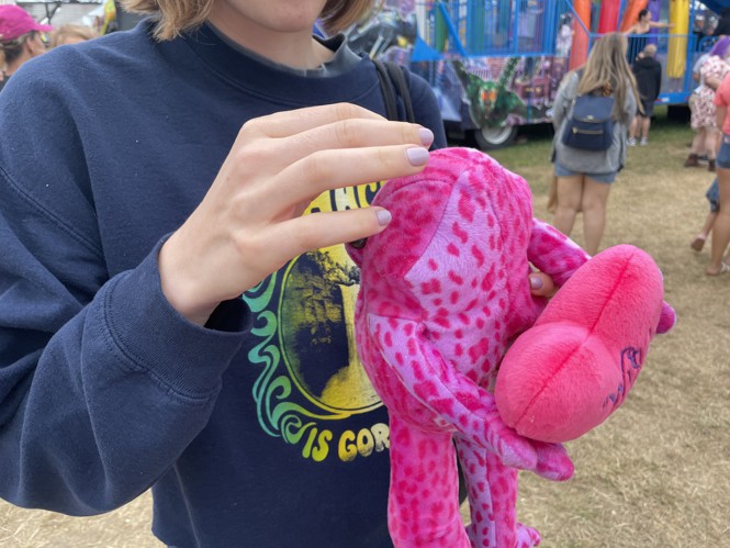 A woman holding a stuffed pink frog, which is holding a heart that says 