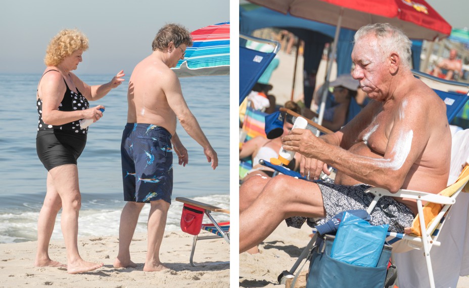 diptych: a woman puts sunscreen on a mans back; a man applies sunscreen while sitting in a chair