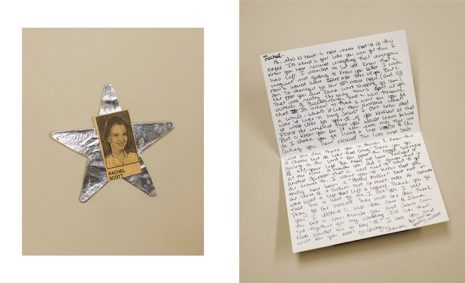 Diptych: a tin foil star with a girls year book picture; a hand written letter