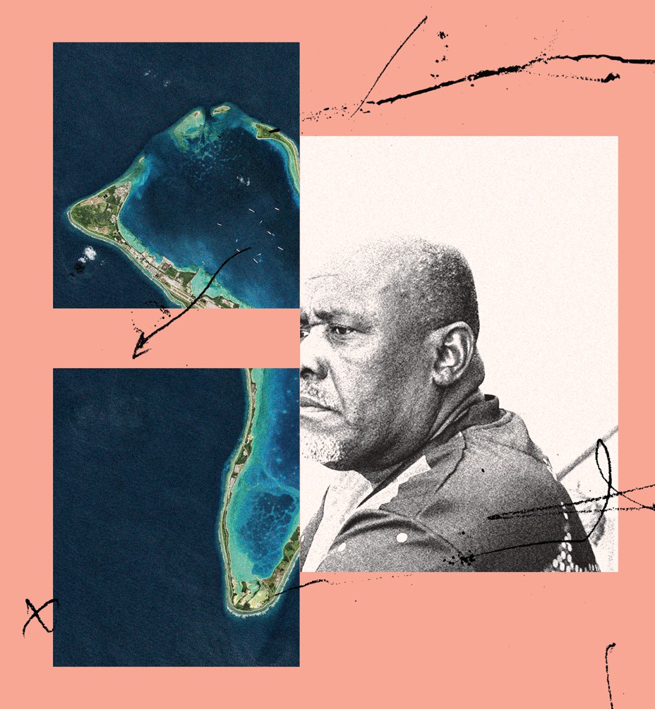 Illustration with maps, color photos of aerial view of Chagos islands, black and white photo of Bancoult, and scribbles on coral-pink background