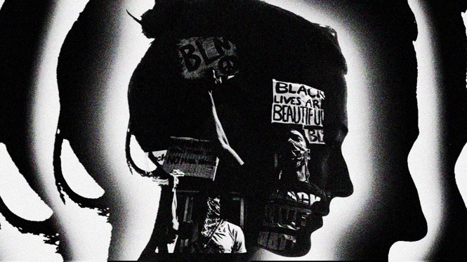 silhouette of a woman's face with signs and posters on top of it