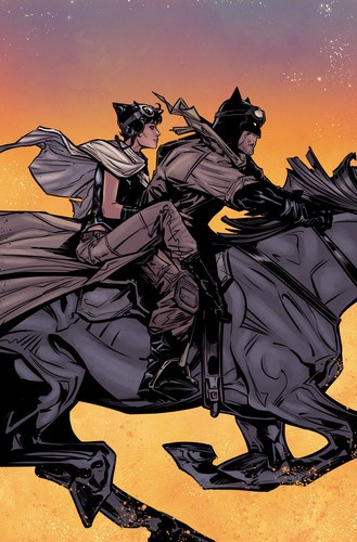 Batman and Catwoman riding a horse