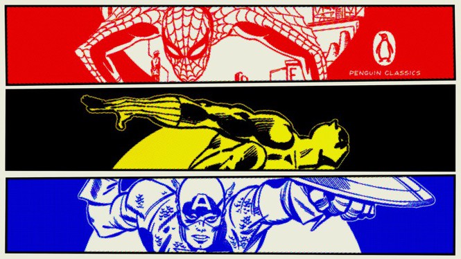 The image is split into three, showing Spiderman in red, Black Panther in black and yellow, and Captain America blue. 