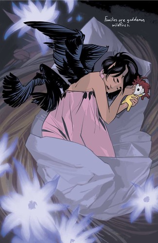 A young girl with dark wings and horns sleeps with a doll in her hand