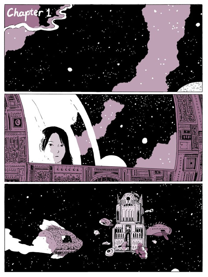 The top frame is a view of deep space, the middle frame shows a girl looking out the window of a spaceship, and the third frame shows the ship heading towards some a floating building-like structure.
