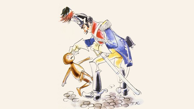 old drawing of Pinocchio being held by the nose by a soldier