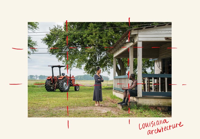 Outdoor scene of two characters talking and a tractor in the background, with red dotted lines forming a 3x3 grid, and handwritten text that says "Louisiana architeccture"