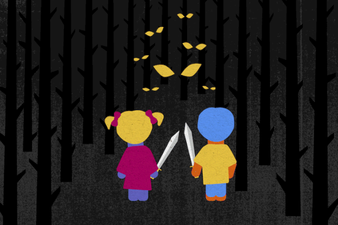 two children with swords in their hands face a scary forest