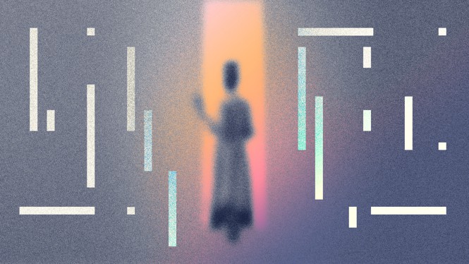 Abstract grainy, blue-gray silhouette of woman wearing dress in orange-pink doorway