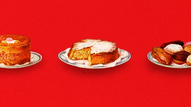 illustration of three cakes on a red background