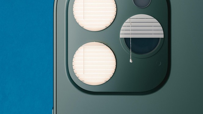 photo illustration of back of smartphone with 3-lens camera where 2 of the lens circles are covered by closed window blinds and the third lens is covered with half-open window blinds