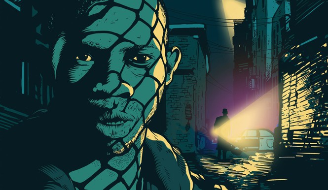 an illustration of a man hiding in shadow from a flashlight