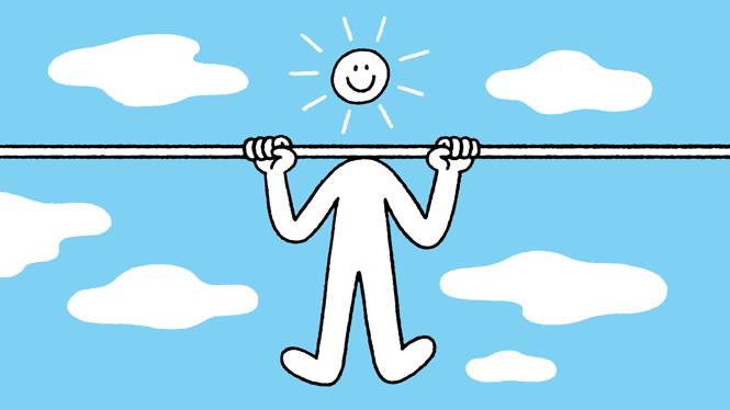 Illustration of person doing pull-up on bar against blue-sky background with head floating with rays like the sun