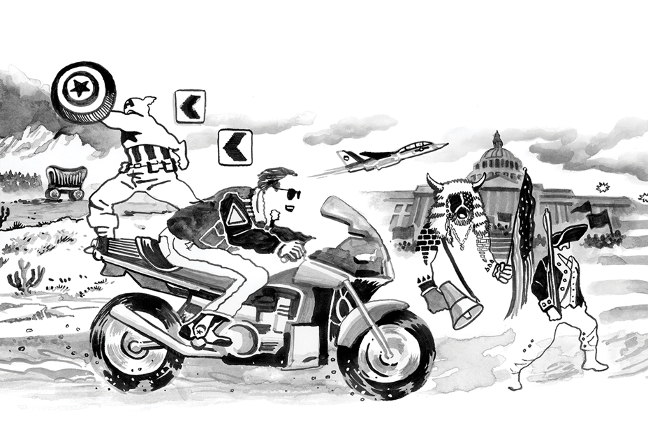sort-hvid pen-og-blæk-tegning: ørken, Captain America med skjold, Maverick, der kører racerløb med sin motorcykel med 'Top Gun'-jet, Q-shamanen foran Capitol