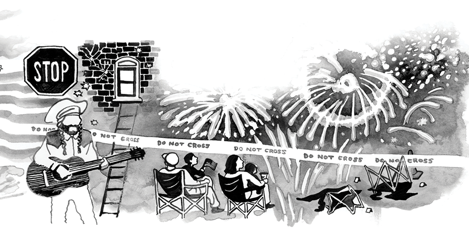 black-and-white pen-and-ink drawing: stop sign, Willie Nelson playing guitar, ladder up to window in brick wall, people in lawn chairs watching fireworks, same chairs overturned and abandoned with "DO NOT CROSS" caution tape