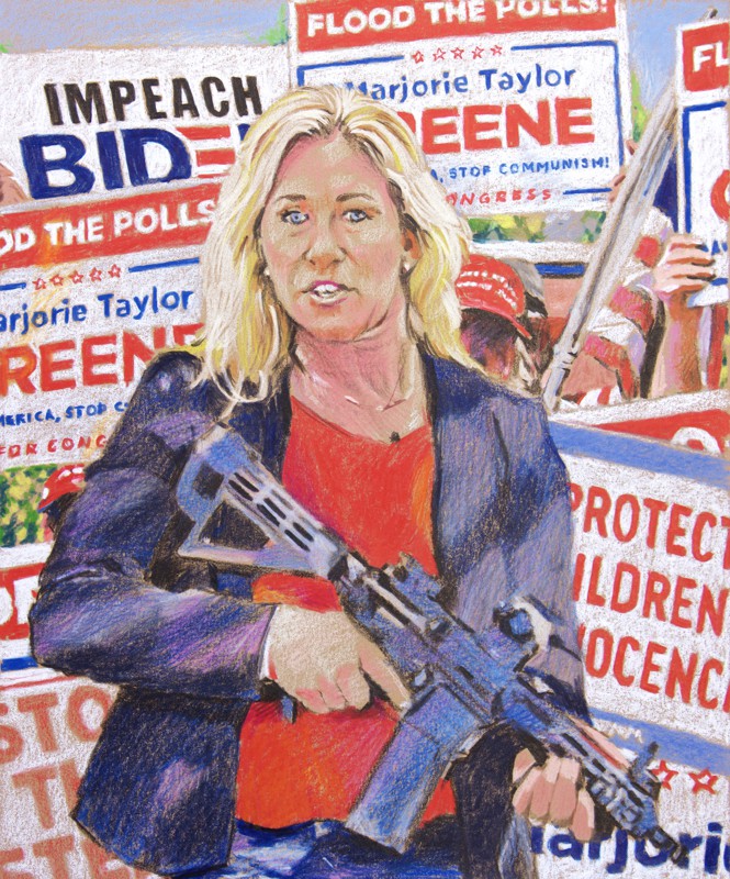 illustration of Marjorie Taylor Greene holding large gun in front of campaign signs saying 