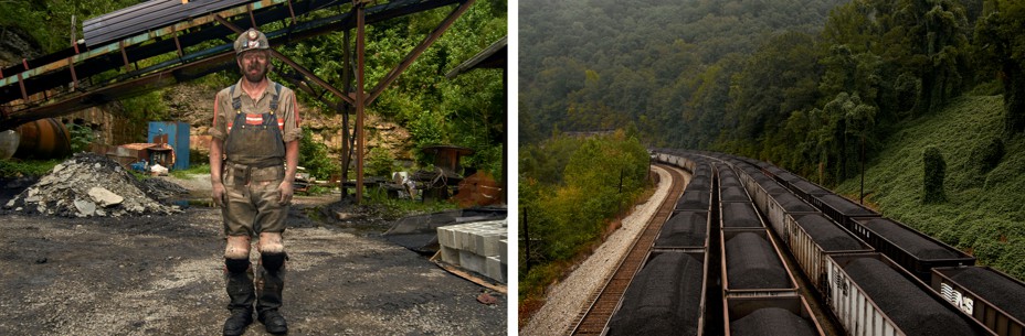 Diptych: left; a coal miner in his uniform covered in coal. Right; train cars filled with ore.