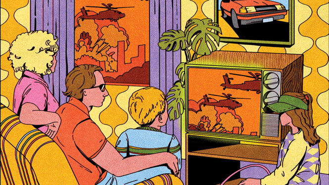 Retro-'80s-style illustration of man, woman, girl, and boy watching TV with helicopters and an explosion. The same scene of helicopters is happening outside their window.