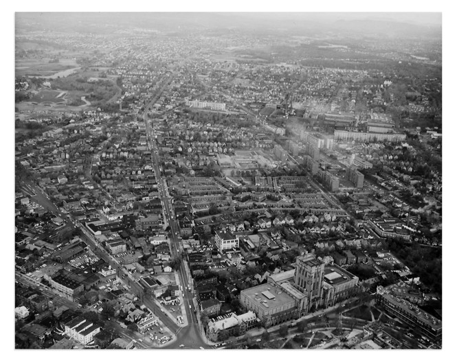 The Dixwell neighborhood photographed in 1958, showing Yale in the lower right corner. 