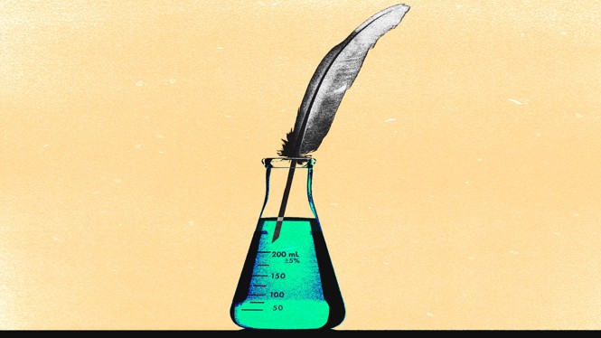 a beaker with a feather