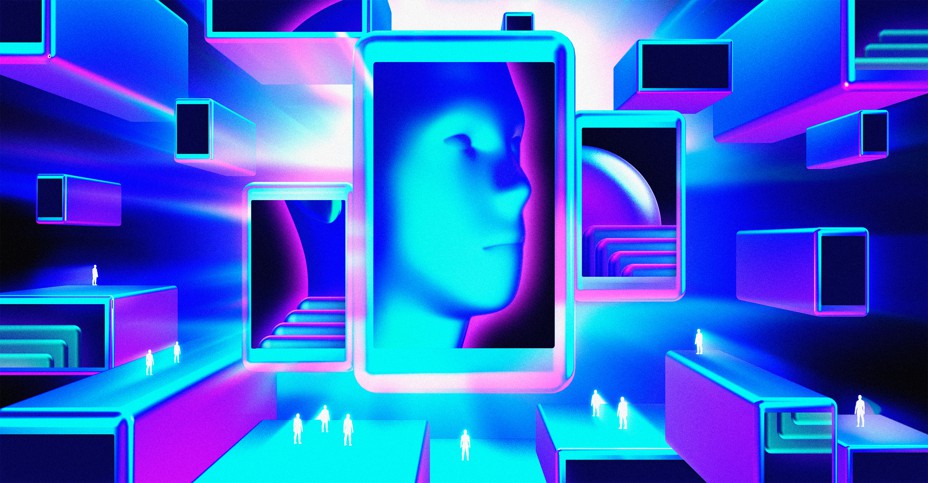 Illustration: infinite stacked smartphone screens receding into the distance, the center phone with an abstract human face