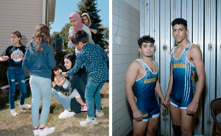 2 photos: woman crouches in sunny yard holding toddler surrounded by other family members; 2 teenage boys stand in blue wrestling singlets
