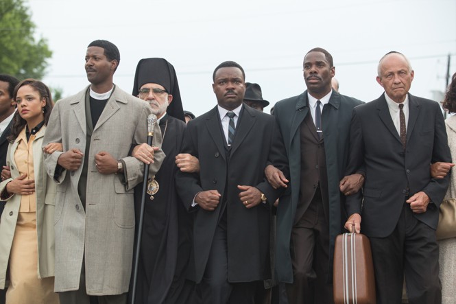 A group of protestors at the frontline of the Selma-to-Montgomery march in "Selma"