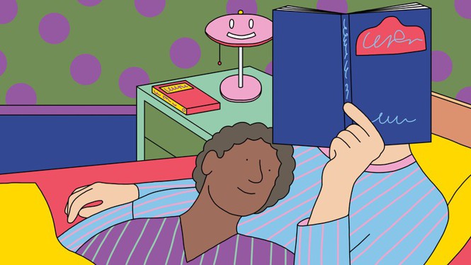 Illustration of two people reading a book together in bed