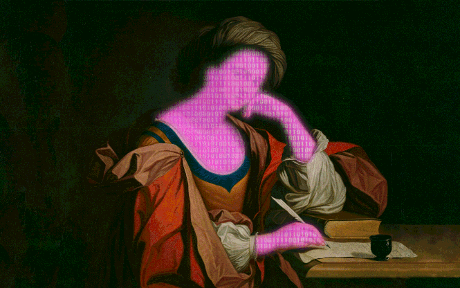 A painting of a woman writing is superimposed with a glitchy computer effect.