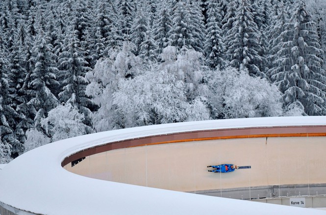 The first run of the women’s doubles luge at Thuringen Ice Arena in Oberhof, Germany, on January 28, 2023.