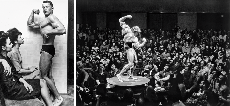 2 black-and-white photos: young Arnold flexes biceps in front of two women in audience; body-builder-huge-muscle Arnold flexes on pedestal in front of large crowd