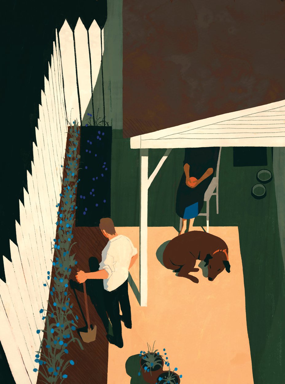 Illustration of man gardening in side yard next to woman seated in chair under porch awning with dog curled up by her feet
