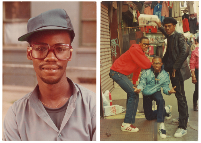 2 photos: man with large glasses and sideways cap; 3 people posing together on city sidewalk, one kneeling at center