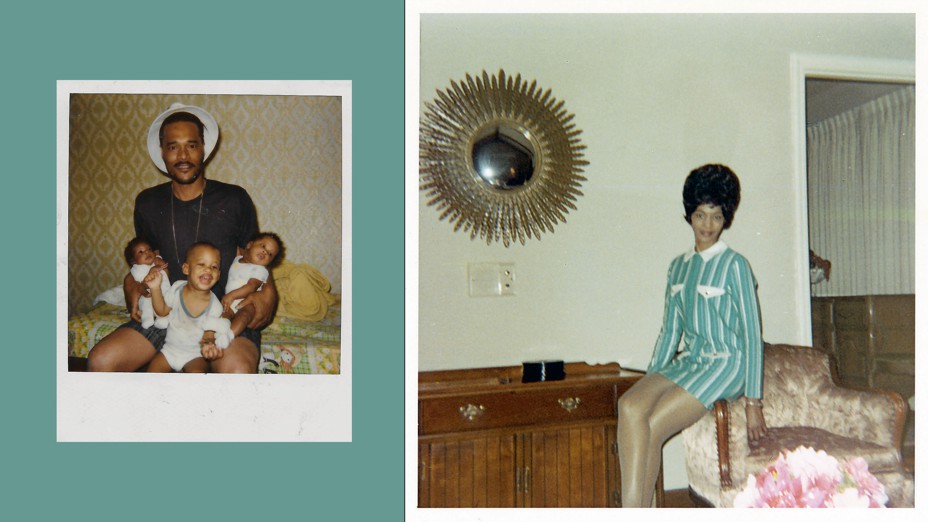 Diptych: Left: a man sitting on a bed holds twins in arms with another child smiling circa 1990s. Right: circa 1960s, a woman sits on the arm of a chair 