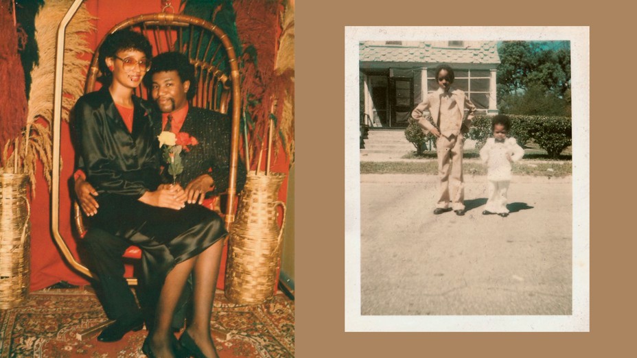 Diptych: Left: a couple sittin in a rattan chaire dressed up circa 1980s. Right: two young kids in suits smiling at camera circa 1970s.