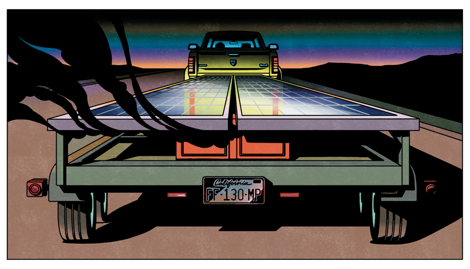 An illustration of the back of a solar power trailer exuding smoke