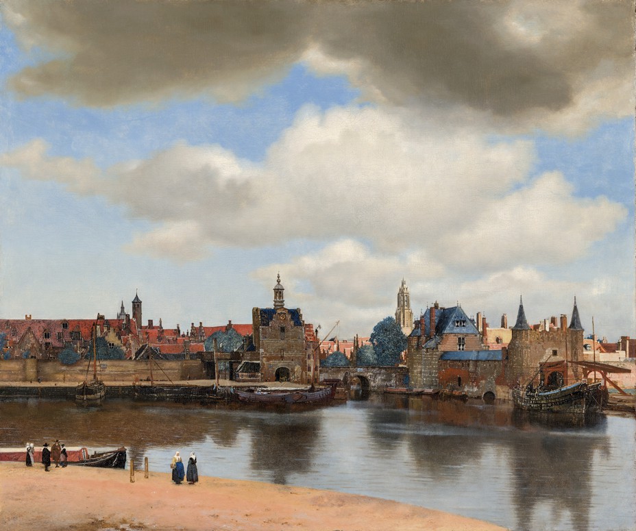 Painting of city waterfront with blue sky and clouds