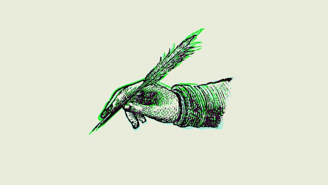 An illustration of a hand holding a quill pen