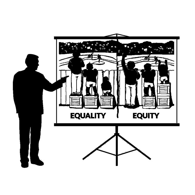 Illustration of a person pointing to a cartoon showing equality and equity