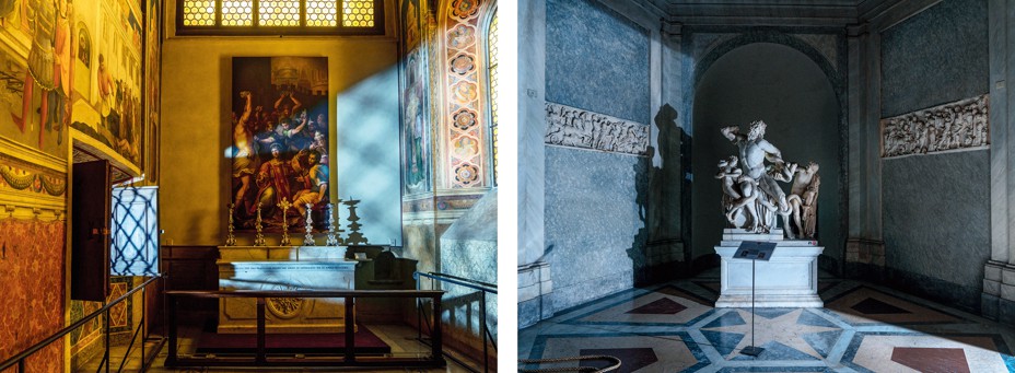 2 color photos: room with frescoes + painting with light through window; marble statue of man writhing with arm behind head in moonlit room