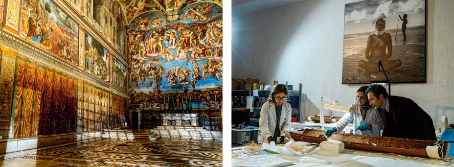 2 color photos: floor, wall, and ceiling of empty Sistine Chapel; 3 conservators working in a well-lit lab on an object on table