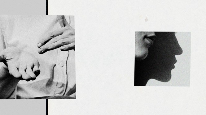 A black-and-white photo collage of hands and the lower half of a face, and its shadow, in profile