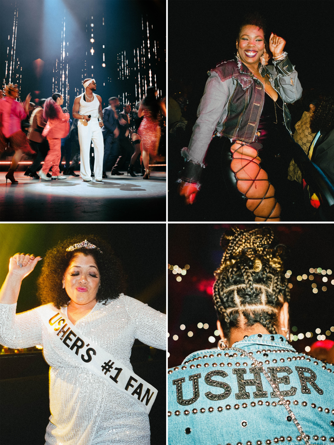 A quad of photographs showing Usher performing and his fans