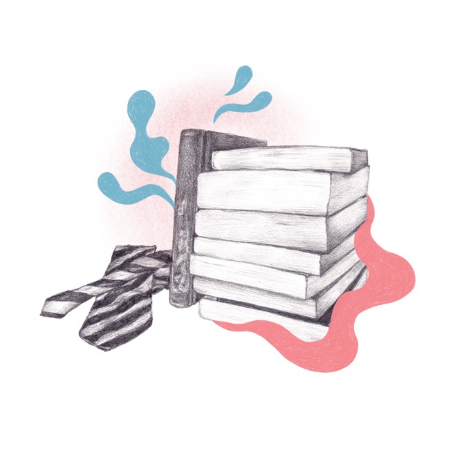 pencil drawn picture of books and a tie with color accents