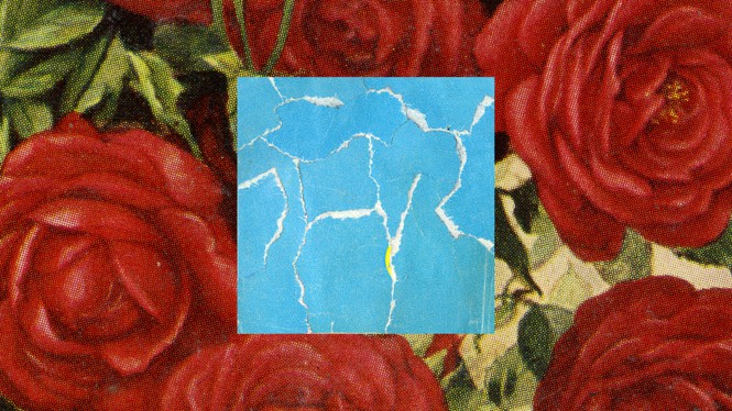 illustration of a ripped blue Post-It over a rose-printed wallpaper image